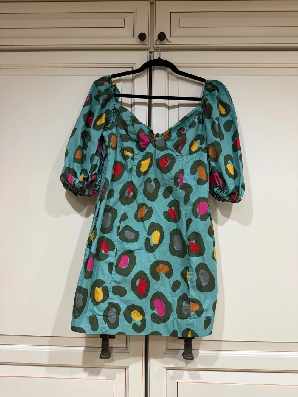 FARM Rio Turquoise Puff-Sleeve Mini Dress with Abstract Spot Print (121)